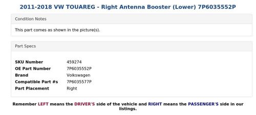 2011-2018 VW TOUAREG - Right Antenna Booster (Lower) 7P6035552P, US $24.99, image 2