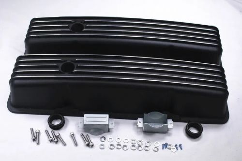 Sbc 58-86 black finned tall valve covers gasket &amp;12" air cleaner &amp; breather pcv