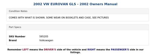2002 VW EUROVAN GLS - 2002 Owners Manual, US $129.99, image 4