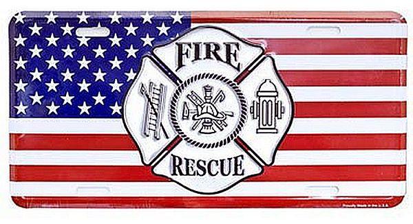 Embossed fire rescue license plate flag hook ladder hydrant stars stripes