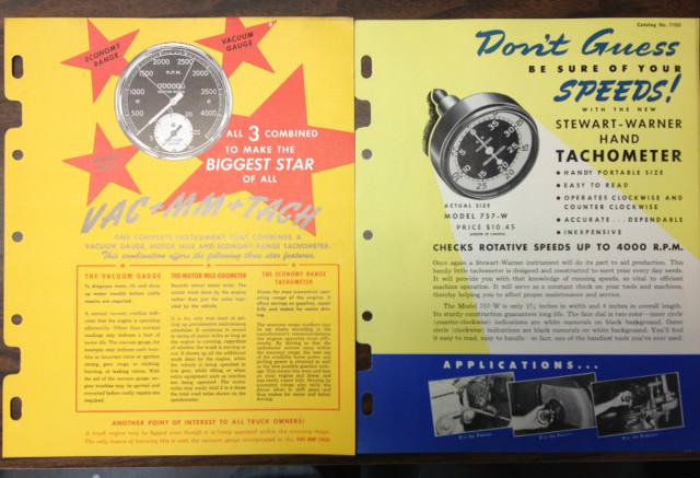 Pair of 1948 vintage stewart warner automotive tach gauge catalog ad brochure 