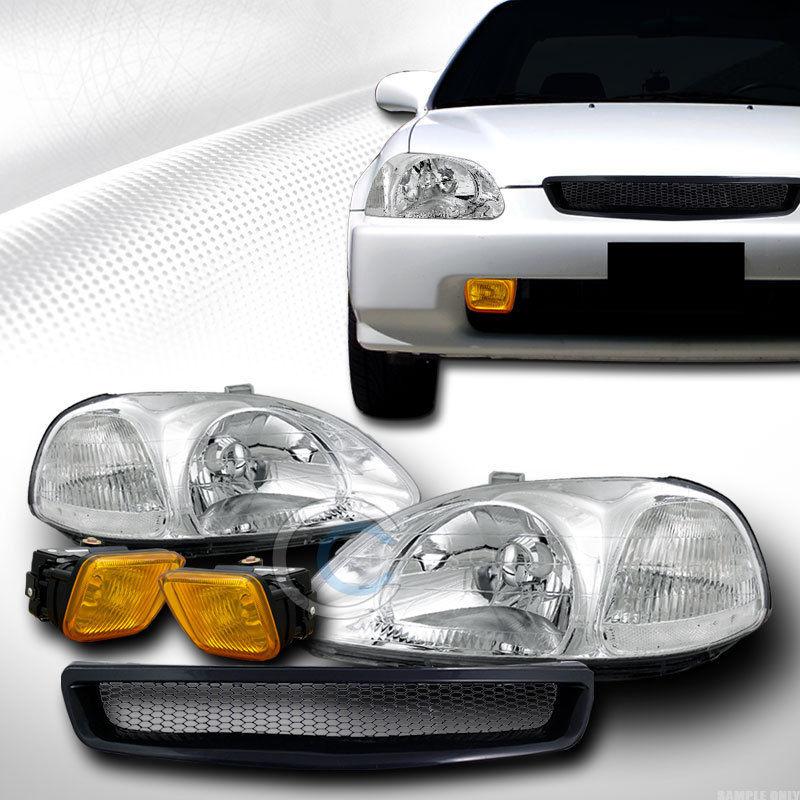 Chrome head lights dy+aluminum mesh grill grille+fog yellow 96-98 honda civic ek