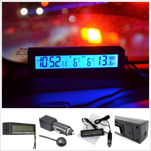 Car thermometer in/out &amp;voltmeter clock digital blue backlit backlight ice alert