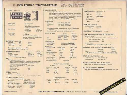 1969 pontiac tempest/firebird v8 350 ci / 265 hp car sun electronic spec sheet