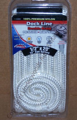 White dock line 1/2'' x 20' double braid nylon boat w/loop docking boating