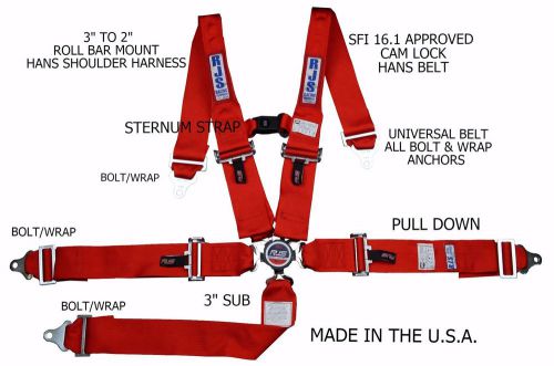 Rjs sfi 16.1 5pt hans cam lock roll bar mount sternum strap belt red 1054404