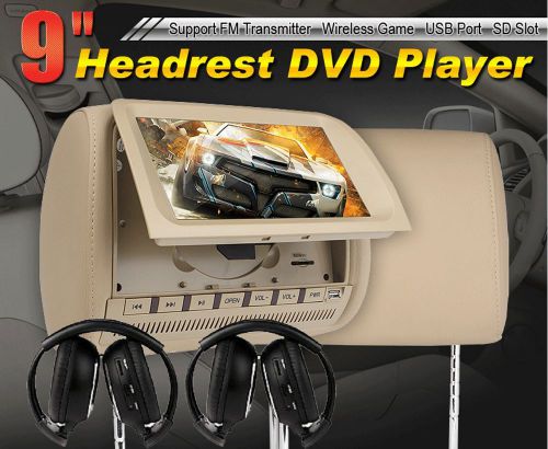 Beige 2x9&#034; hd lcd car pillow headrest monitor usb dvd player game +ir headphones
