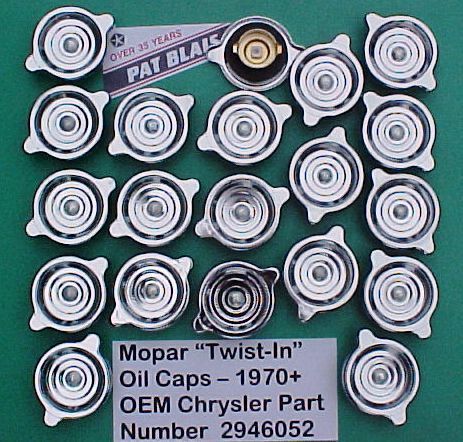 Mopar chrome “twist-in” oil caps (20 pcs): 426 hemi, 440, 400, 383, 340 - 1970+