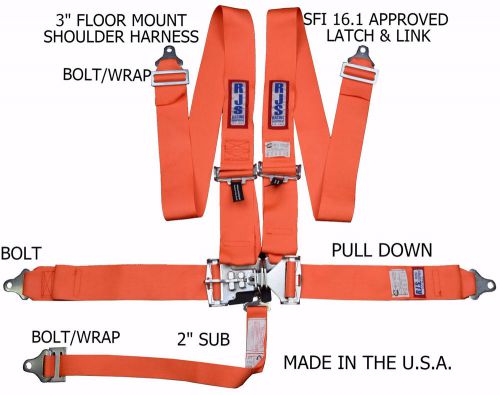 Rjs racing sfi 16.1 latch &amp; link 5 pt floor mount harness orange 1130205