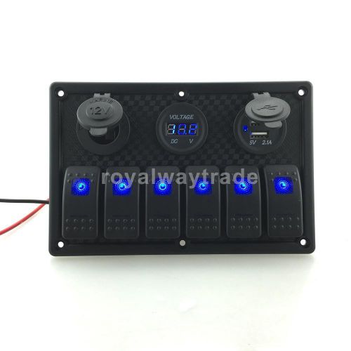 6 gang led waterproof marine boat rocker switch panel 1 charger &amp; 2 usb slot