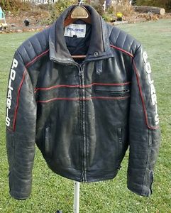 Vintage polaris black leather snowmobile jacket w/red piping &amp; polaris name lg