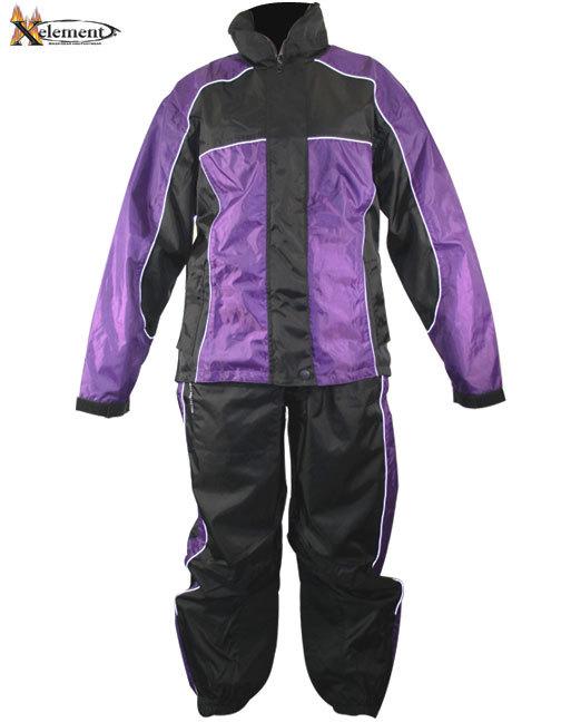 Xelement womens 2 piece black and purple motorcycle rain suit