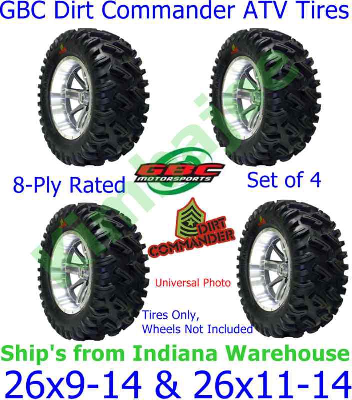 26x9-14 & 26x11-14 gbc dirt commander atv tires, 8-ply rated, set of 4