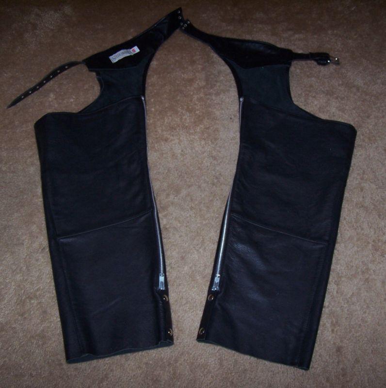 Steer brand black leather motorcycle chaps size xl, 27" inseam