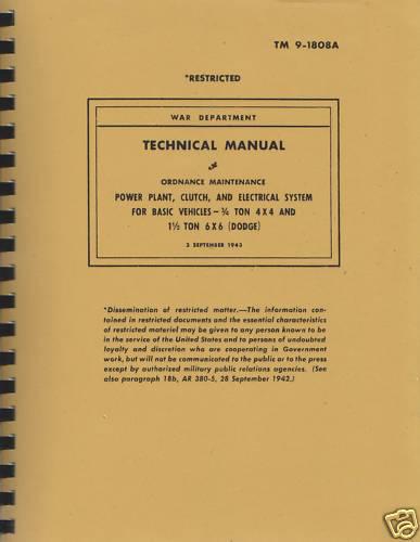 Tm9 1808a wwii dodge .75 & 1.5 ton engine maintenance manual ~ reprnt