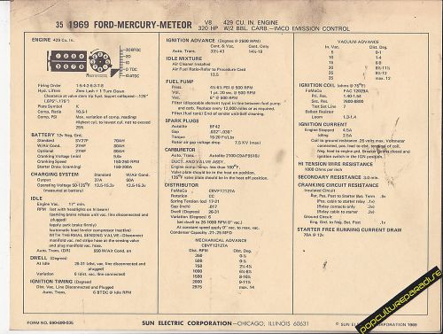1969 ford mercury 429 ci / 320 hp engine car sun electronic spec sheet