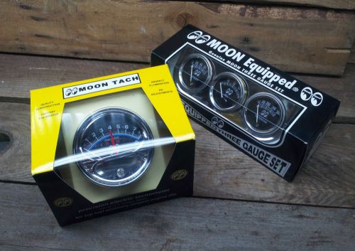 Moon tach &amp; 3 gauge set w/ dash panel rat hot rod gasser drag racing vtg style