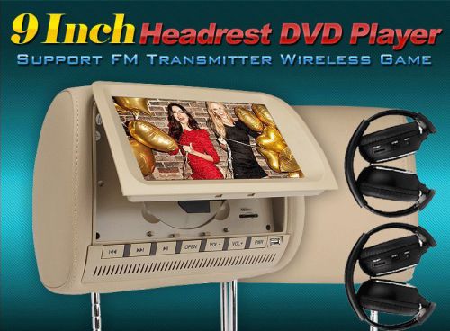 2x9&#034; beige car headrest dvd player fm transmitter wireless game+free headphones