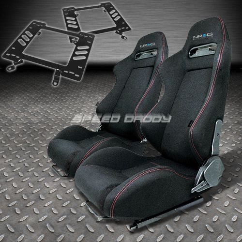 Pair nrg type-r style black cloth racing seat+bracket for 79-98 ford mustang