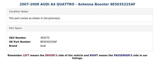 2007-2008 AUDI A4 QUATTRO - Antenna Booster 8E5035225AF, US $14.57, image 3