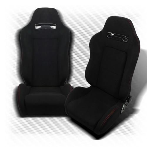 Pair black pvc leather red stitch fully reclinable tr style racing seats+slider