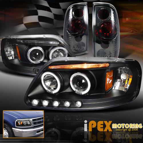 Black+smoke combo: 1997-2003 ford f150 halo led projector head light+tail lamp