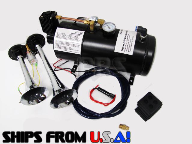 2 trumpet 12 volt train horn kit 120 psi air compressor system 120db loud truck