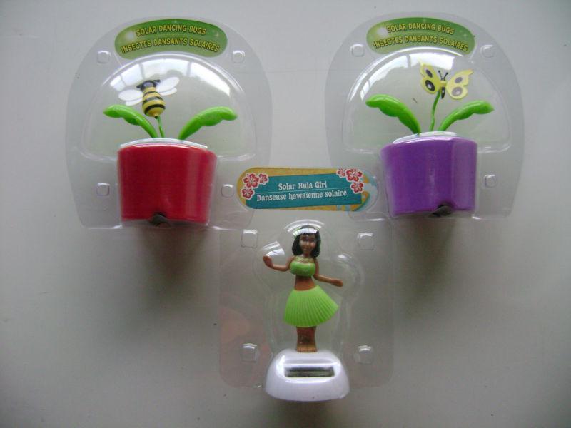 Lot 3 dashboard dancing hawaiian hula girl, butterfly, bumble bee solar powered 