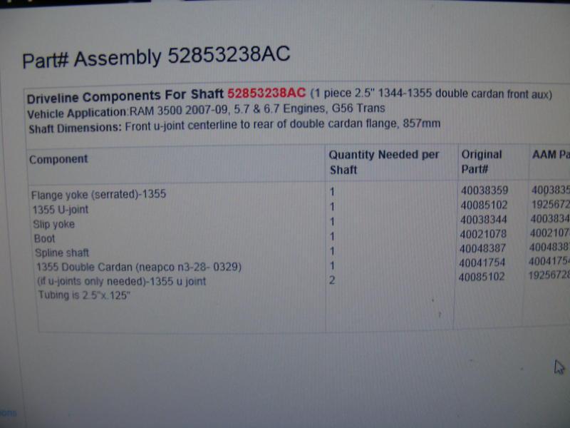 Dodge ram 52853238ac  3500 front shaft, 2007 - 09, 5.7 & 6.7