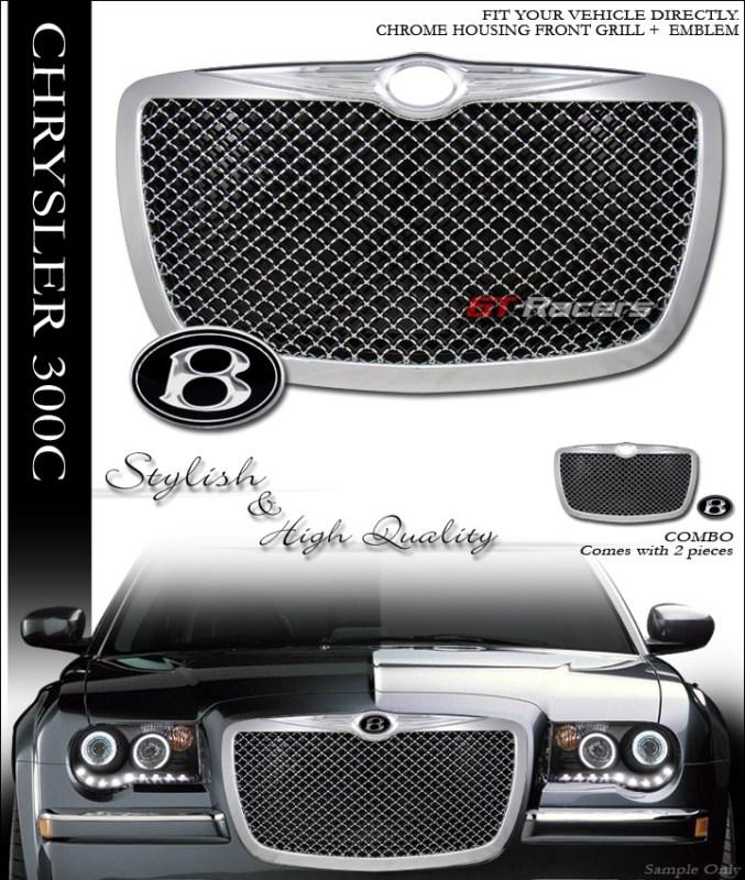 Chrome luxury style front hood grill grille+b emblem 04 05-10 chrysler 300/300c