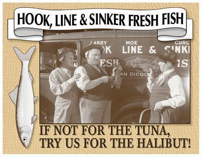 Sign vintage rectangular three stooges fresh fish 16.0" width 12.75" height each