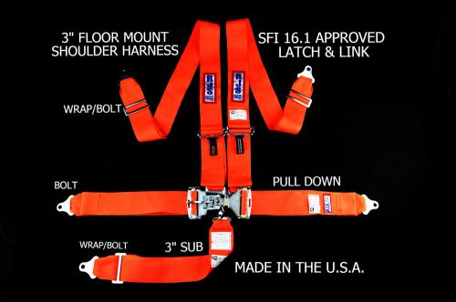 Rjs racing sfi 16.1 latch &amp; link 5 pt floor mount harness orange 1131005