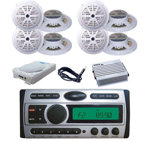 8&#034; subwoofer,8x 5.25&#034; white speakers,amp,antenna + new marine dvd cd am fm radio