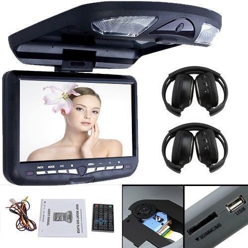 9&#034; car black drop flip down roof mount overhead dvd player hi-q lens 2xheadphone