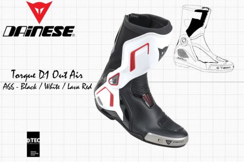 New - dainese torque d1 out air racing boots black white lava red - us 7 eu 39
