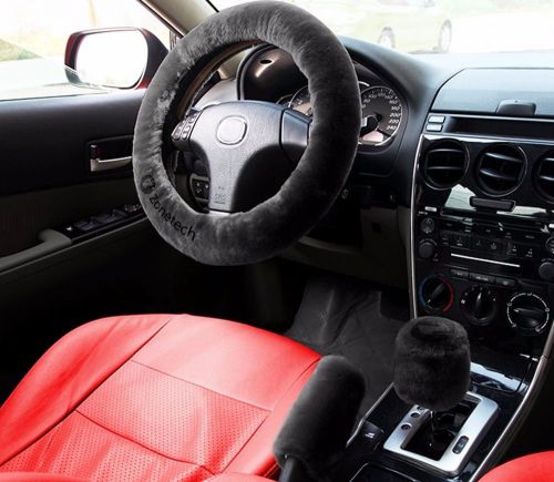 Zone tech black plush car steering wheel handbrake gear shift plush cover