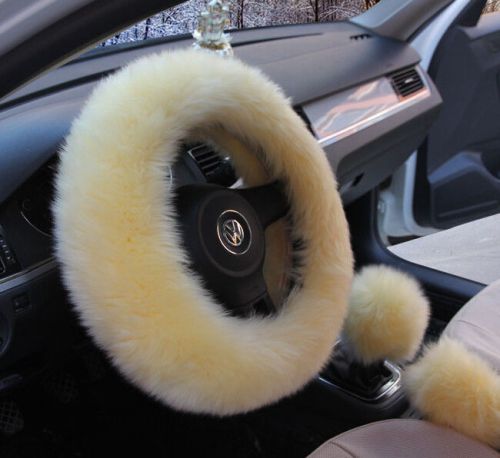 Beige yellow long wool fuzzy stretchy auto car steering wheel cover 3pcs