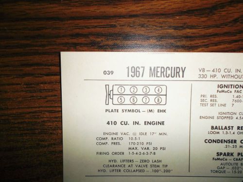 1967 mercury series models 330 hp 410 ci v8 4bbl sun tune up chart great shape!
