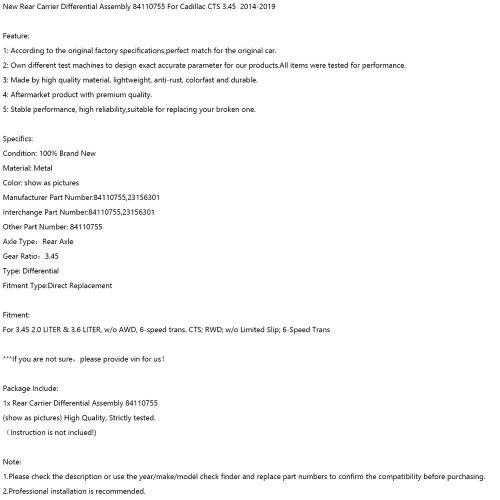 New Rear Carrier Differential Assembly 84110755 For Cadillac CTS 3.45 2014-19 T7, US $1,513.84, image 2