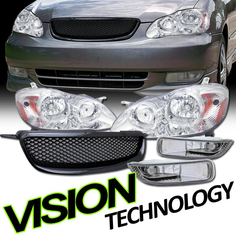 03-04 corolla chrome housing headlights+fog lights+jdm blk sport abs mesh grill