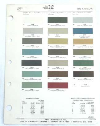 1972 cadillac ppg  color paint chip chart all models original 