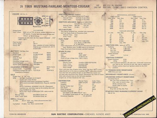 1969 ford mustang-fairlane-montego-cougar 351/290 car sun electronic spec sheet