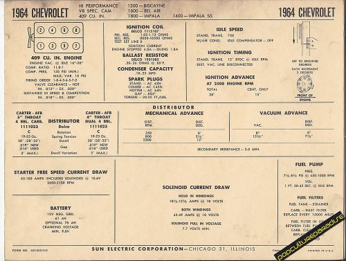 1964 chevrolet biscayne/bel air/impala 409 hi-po car sun electronic spec sheet