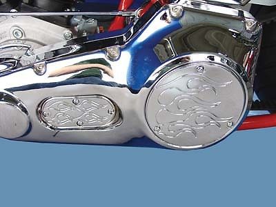 Harley fxst models 1984 thru 1998  matching chrome primary covers flamed