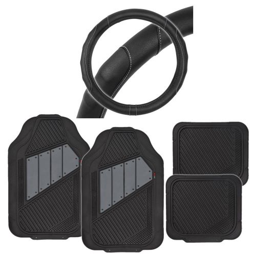 Heavy duty all weather blk/gray car floor mats pu leather + steering wheel cover