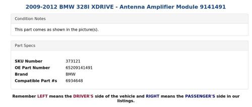 2009-2012 BMW 328I XDRIVE - Antenna Amplifier Module 9141491, US $9.99, image 3