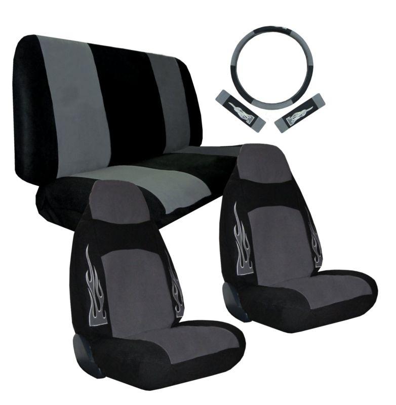 Velour fabric grey black flame high back car seat covers 7pc pkg #3