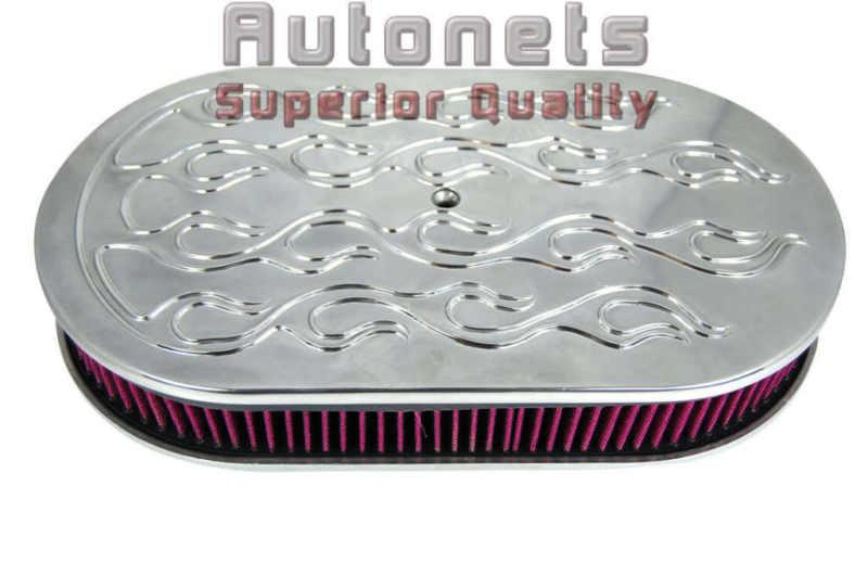 15" x 2" oval raise flame polished aluminum air cleaner washable filter breather