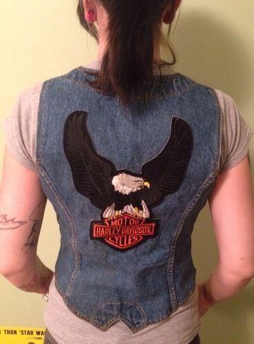 Womens denim harley davidson eagle logo biker vest ..