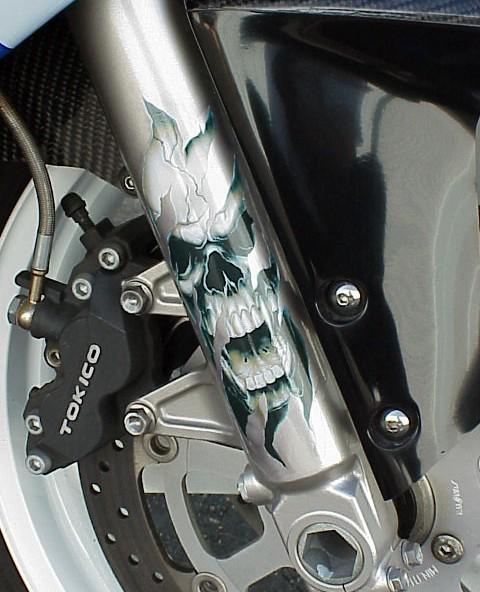 Skull decal graphic for motorcycle forks